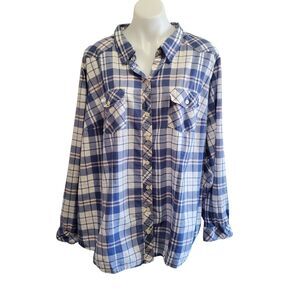 Torrid Plaid Button Front Long Sleeve Roll Tap Shirt Size 4XL Blue White Cotton